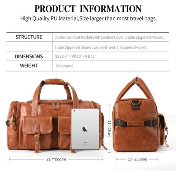 PU Leather Travel Duffel Bag with Shoe Pouch Large Carry on Bag Waterproof - Picture 4 of 7